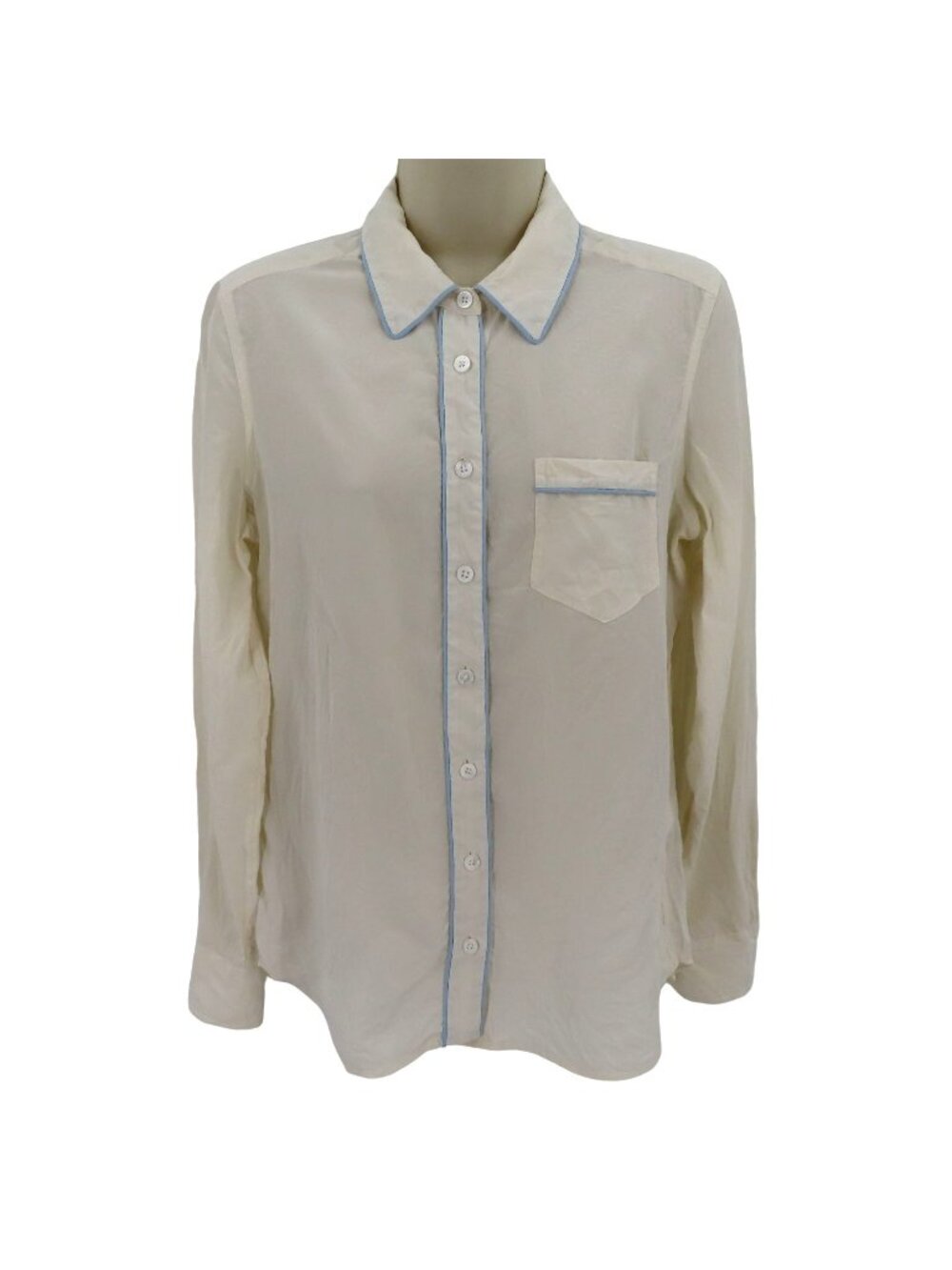 Equipment Femme Womens Small Ivory Blue Trim Collared Button Front Shirt Top
